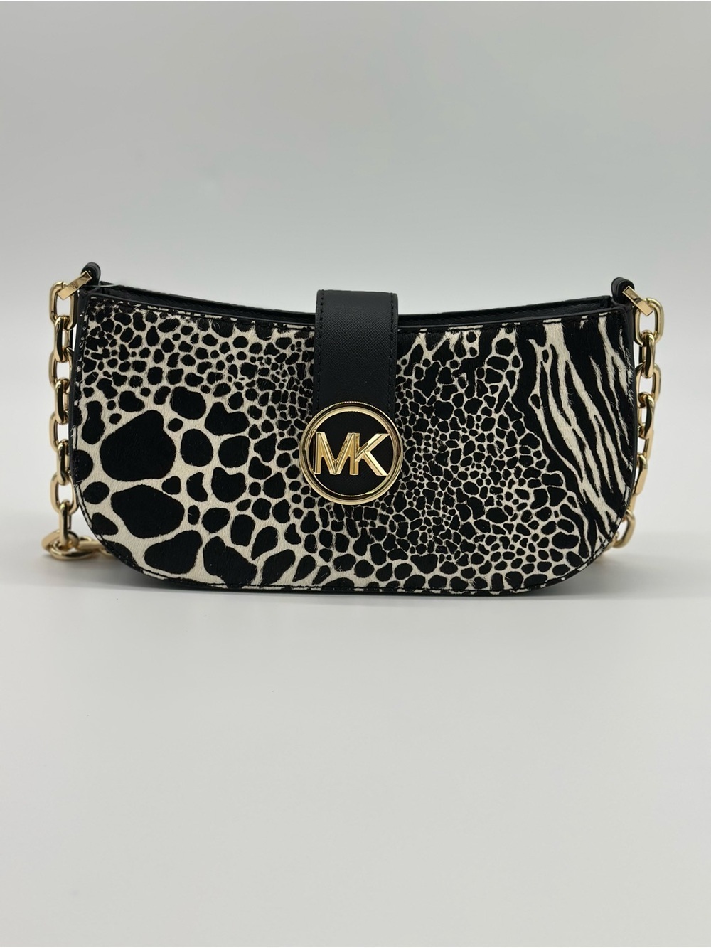 Michael Kors Black & White Animal-Print Chain Crossbody